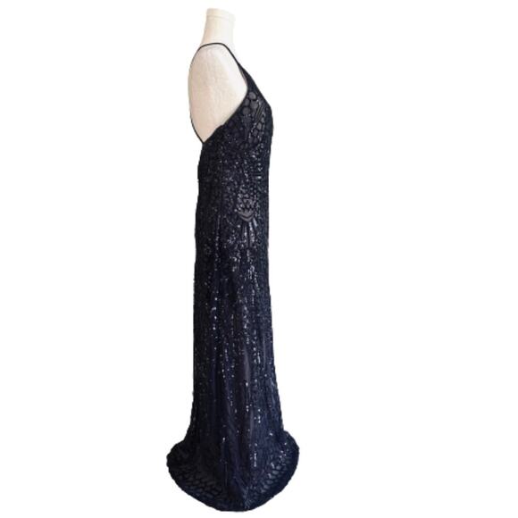Nightway Gown Dress Navy Blue Mesh Sequins Halter Criss Criss Back Sheath Size 8 - Picture 9 of 16